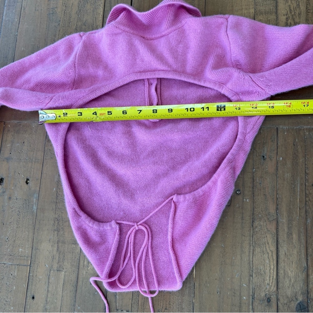 FRANKIES BIKINIS Mary Jane 100% Cashmere Polo Open Tie Back Sweater Medium Rose - Picture 10 of 10